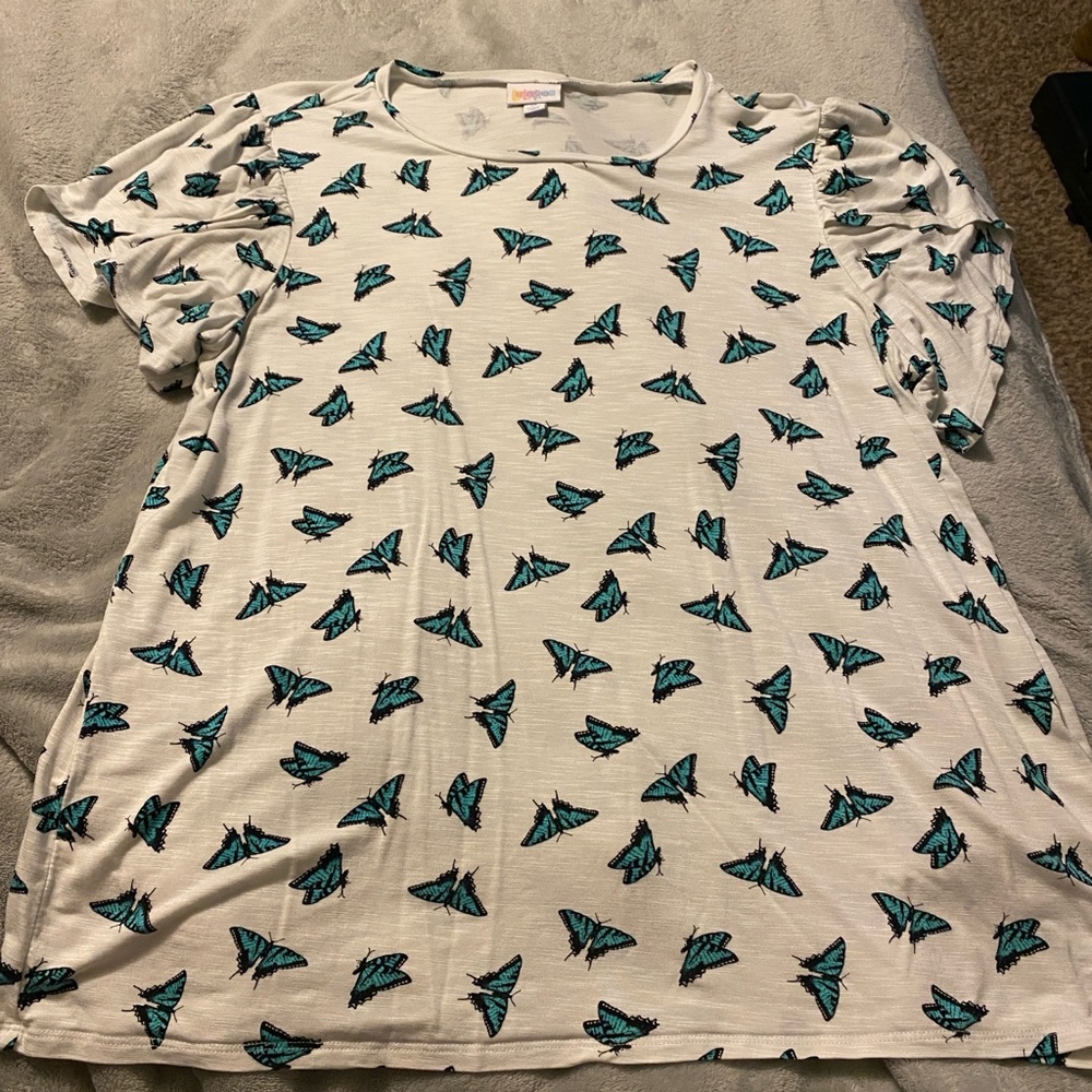 Lularoe Olive: White T-Shirt with teal Butterfly Print